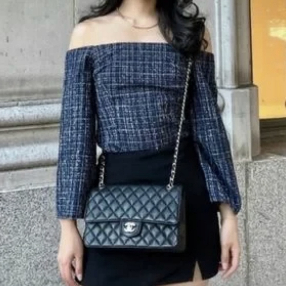Zara Navy Blue Tweed Off The Shoulder Top - Picture 9 of 10
